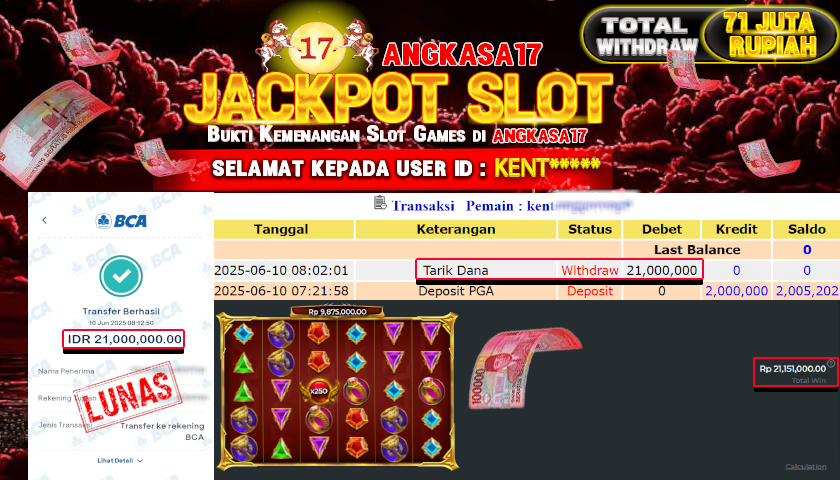 ANGKASA17 id : KENT*** JACKPOT SLOT GATES OF OLYMPUS Rp. 21.000.000 ,- LUNAS