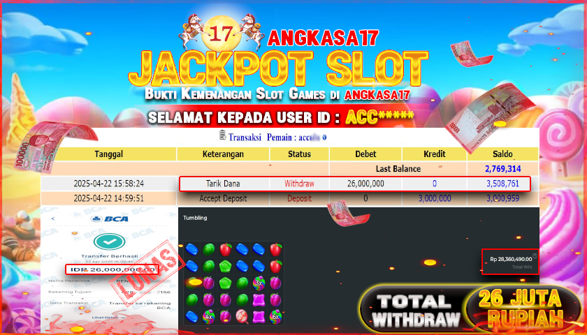 ANGKASA17 id : ACC*** JACKPOT SWEET BONANZA PRAGMATIC PLAY Rp. 26.000.000 ,- LUNAS