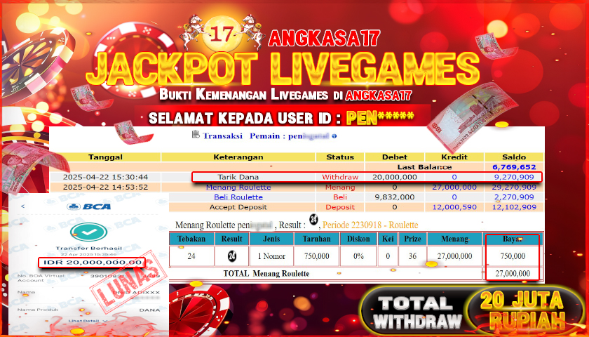 ANGKASA17 id : PEN*** JACKPOT ROULLETE LIVEGAMES Rp. 20.000.000 ,- LUNAS