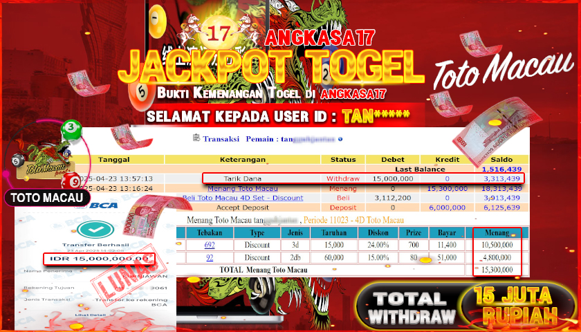 ANGKASA17 id : TAN*** JACKPOT TOGEL TOTOMACAU Rp. 15.000.000 ,- LUNAS