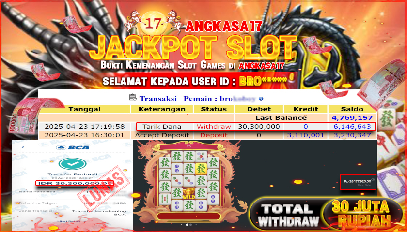 ANGKASA17 id : BRO*** JACKPOT MAHJONG WINS3 BLACK SCATTER PRAGMATICPLAY Rp. 30.300.000 ,- LUNAS