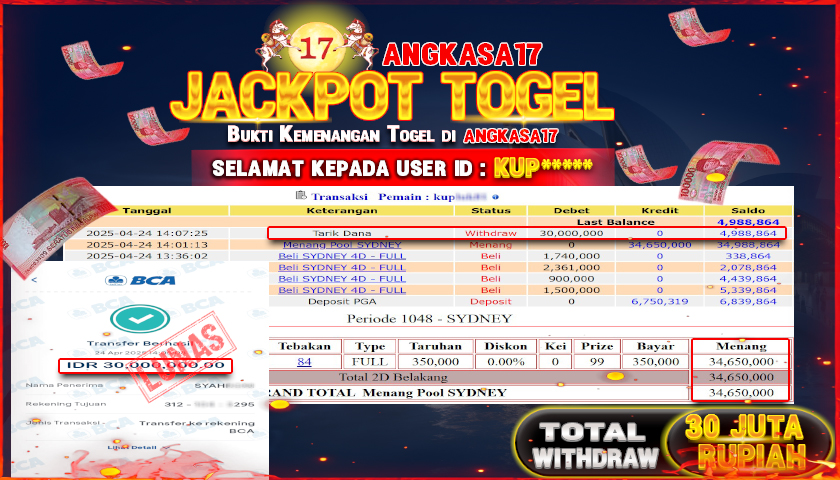 ANGKASA17 id : KUP*** JACKPOT TOGEL DI SYDNEY LOTTO Rp. 30.000.000 ,- LUNAS