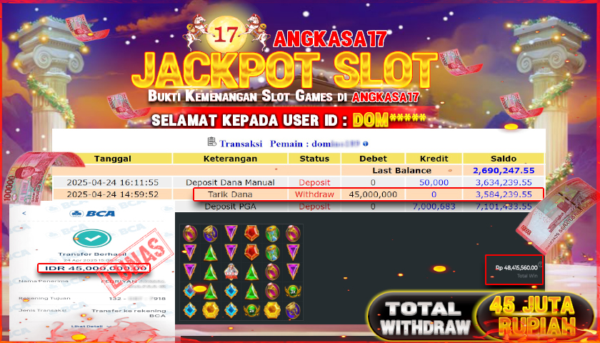 ANGKASA17 id : DOM*** JACKPOT SLOT MANIA OLYMPUS PRAGMATIC PLAY Rp. 45.000.000 ,- LUNAS