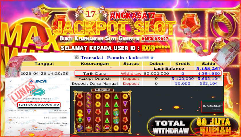 ANGKASA17 id : KOD*** JACKPOT GATES OF OLYMPUS SUPER SCATTER PRAGMATIC PLAY Rp. 80.000.000 ,- LUNAS