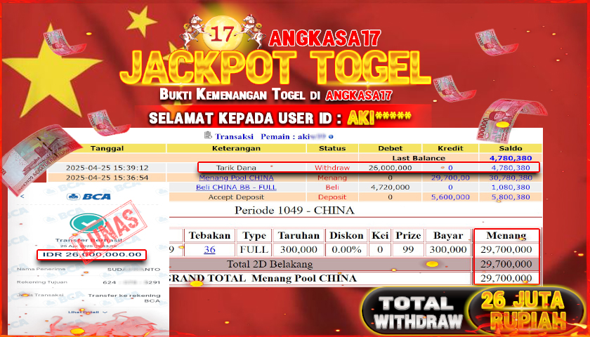ANGKASA17 id : AKI*** JACKPOT TOGEL CHINA POLLS Rp. 26.000.000 ,- LUNAS