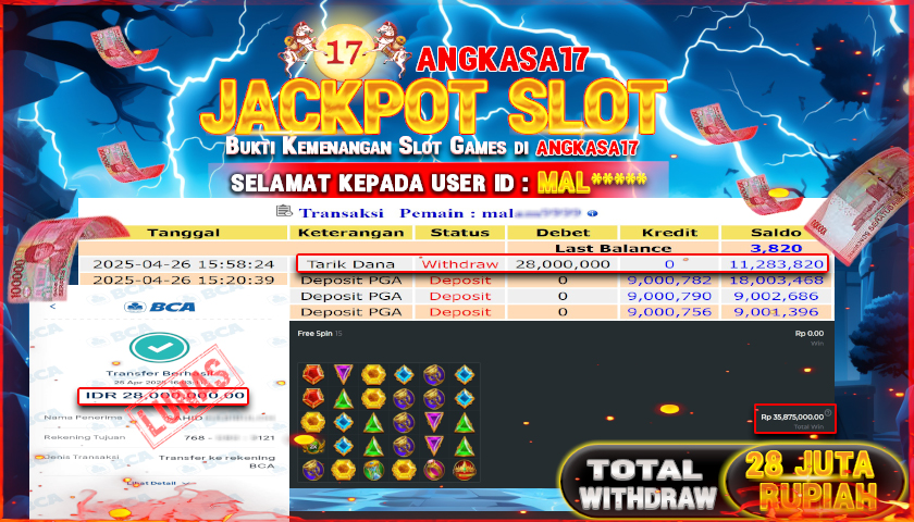 ANGKASA17 id : MAL*** JACKPOT PERMAINAN GATES OF OLYMPUS 1000 PRAGMATIC PLAY Rp. 28.000.000 ,- LUNAS