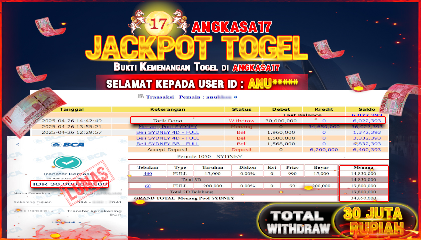 ANGKASA17 id : ANU*** JACKPOT PERMAINAN TOGEL SYDNEY LOTTO Rp. 30.000.000 ,- LUNAS