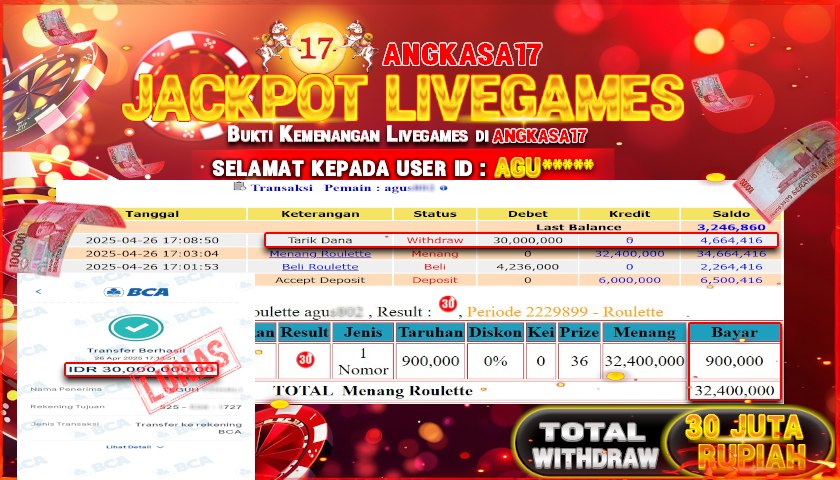 ANGKASA17 id : AGU*** JACKPOT PERMAINAN ROULLETE LIVEGAMES Rp. 30.000.000 ,- LUNAS