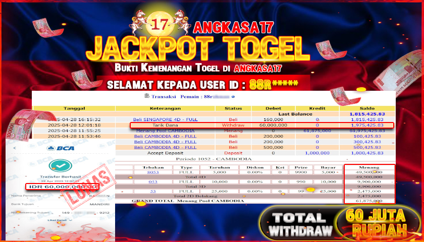 ANGKASA17 id : 88R*** JACKPOT TOGEL CAMBODIA Rp. 60.000.000 ,- LUNAS
