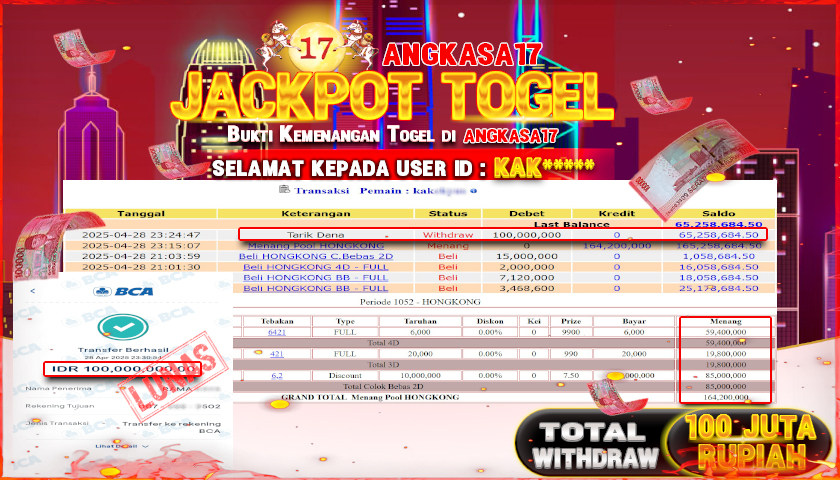 ANGKASA17 id : KAK*** JACKPOT TOGEL HONGKONG LOTTO Rp. 100.000.000 ,- LUNAS