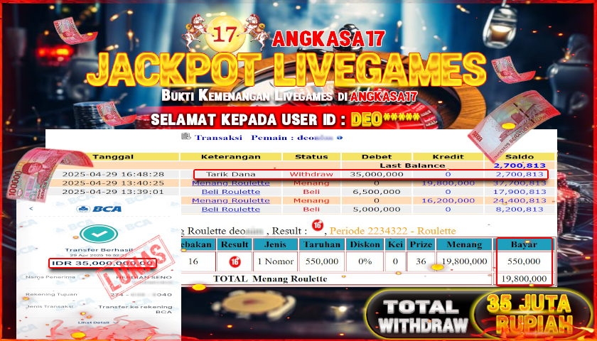 ANGKASA17 id : DEO*** JACKPOT ROULETTE LIVEGAMES Rp. 35.000.000 ,- LUNAS