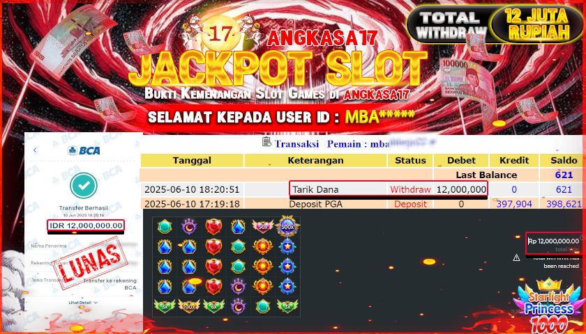ANGKASA17 id : MBA*** JACKPOT SLOT STARLIGHT PRINCESS Rp. 12.000.000 ,- LUNAS