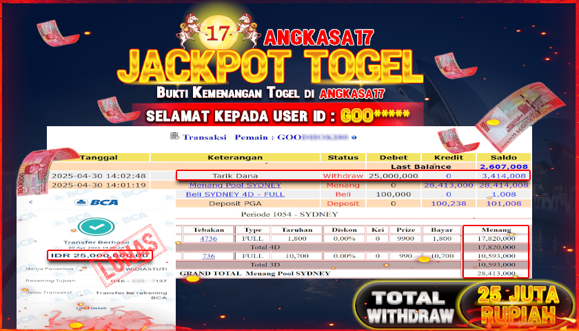 ANGKASA17 id : GOO*** JACKPOT TOGEL SYDNEY LOTTO Rp. 25.000.000 ,- LUNAS