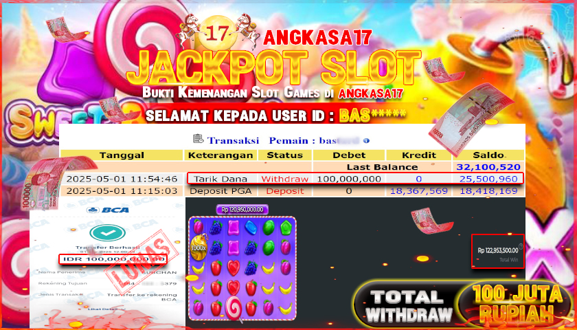 ANGKASA17 id : BAS*** JACKPOT SWEET BONANZA 1000 PRAGMATIC PLAY Rp. 100.000.000 ,- LUNAS