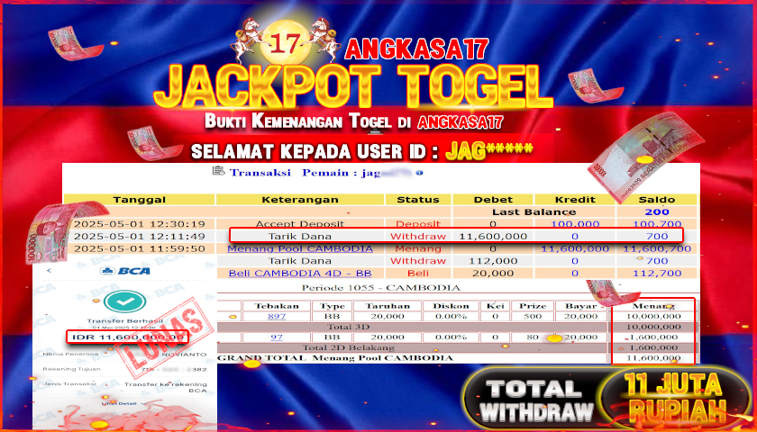 ANGKASA17 id : JAG*** JACKPOT TOGEL 32D CAMBODIA Rp. 11.600.000 ,- LUNAS