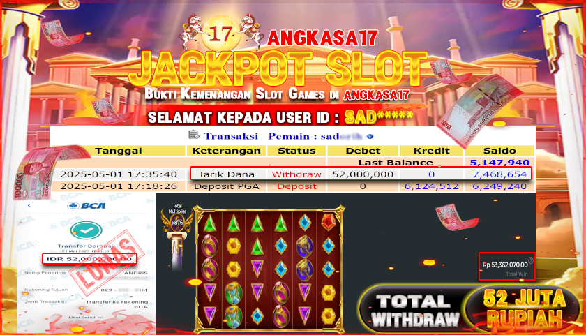 ANGKASA17 id : SAD*** JACKPOT GATES OF OLYMPUS SUPER SCATTER PRAGMATIC PLAY Rp. 52.000.000 ,- LUNAS