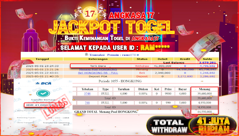 ANGKASA17 id : RAM*** JACKPOT TOGEL HONGKONG LOTTO Rp. 41.000.000 ,- LUNAS