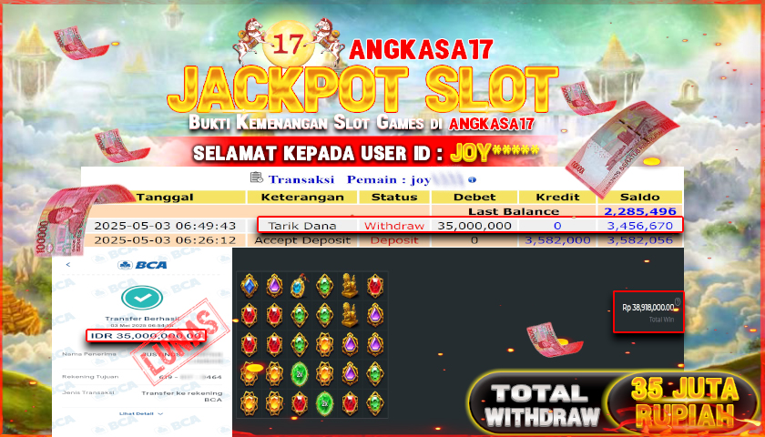 ANGKASA17 id : JOY*** JACKPOT SLOT GATES OF GATOT KACA 1000 PRAGMATIC PLAY Rp. 35.000.000 ,- LUNAS