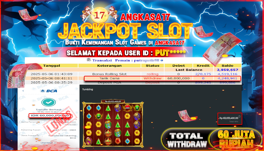 ANGKASA17 id : PUT*** JACKPOT SLOT GATES OF OLYMPUS SUPER SCATTER PRAGMATIC PLAY Rp. 60.000.000 ,- LUNAS