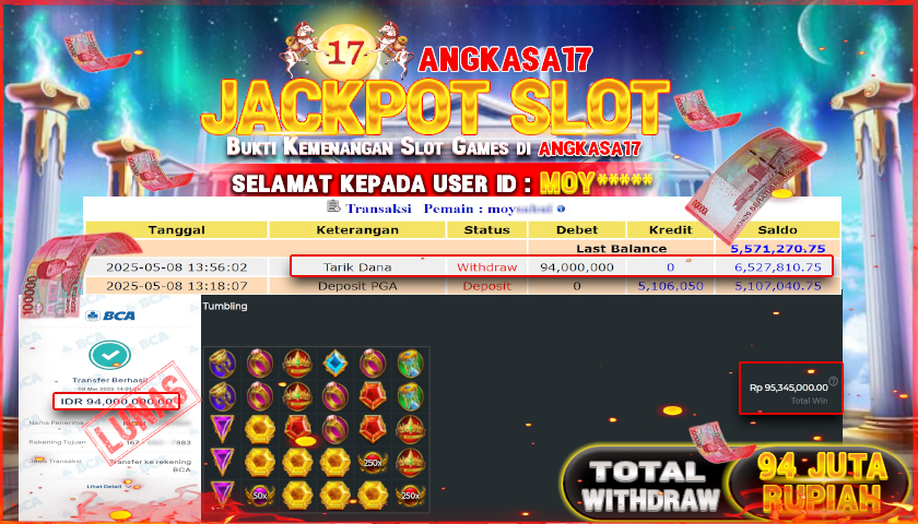 ANGKASA17 id : MOY*** JACKPOT SLOT GATES OF OLYMPUS 1000 PRAGMATIC PLAY Rp. 94.000.000 ,- LUNAS