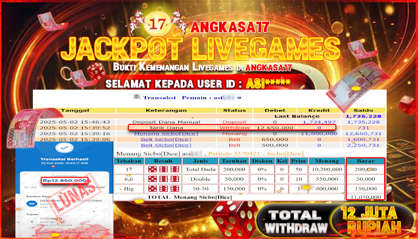 ANGKASA17 id : ASI*** JACKPOT SIC BO CASINO LIVEGAMES Rp. 12.650.000 ,- LUNAS