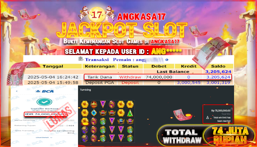 ANGKASA17 id : ANG*** JACKPOT SLOT GATES OF OLYMPUS 1000 PRAGMATIC PLAY Rp. 74.000.000 ,- LUNAS