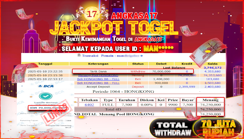 ANGKASA17 id : MAN*** JACKPOT TOGEL HONGKONG LOTTO Rp. 70.000.000 ,- LUNAS
