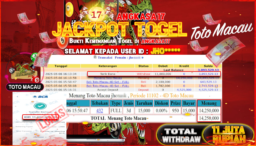 ANGKASA17 id : JHO*** JACKPOT TOGEL TOTOMACAU POLLS Rp. 11.000.000 ,- LUNAS