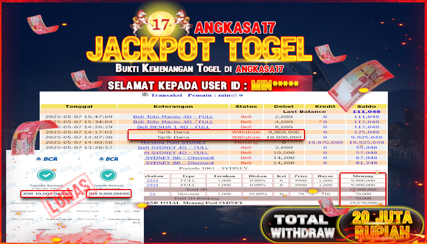 ANGKASA17 id : MIN*** JACKPOT TOGEL SYDNEY LOTTO Rp. 20.000.000 ,- LUNAS