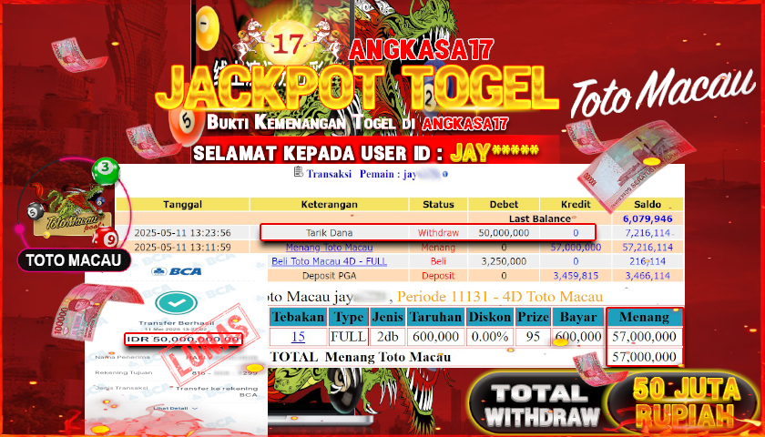 ANGKASA17 id : JAY*** JACKPOT TOGEL TOTOMACAU POLLS Rp. 50.000.000 ,- LUNAS