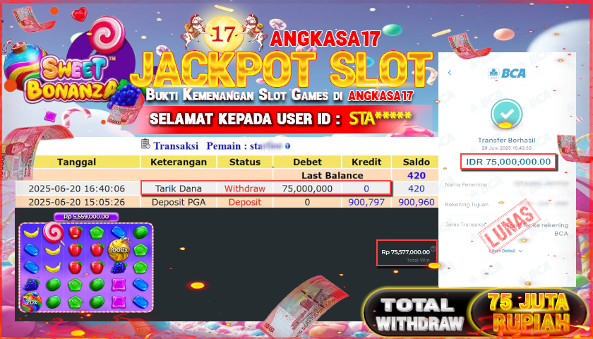 ANGKASA17 id : STA****** MENANG JACKPOT SLOT SWEET BONANZA 1000 TOTAL WITHDRAW Rp.75.000.000 ,- LUNAS