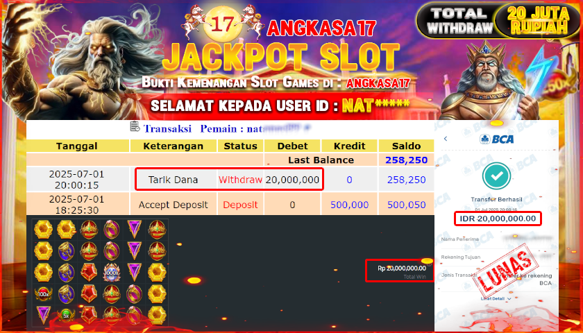 ANGKASA17 id : NAT****** JACKPOT SLOT GATES OF OLYMPUS 1000 TOTAL WITHDRAW Rp.20.000.000 ,- LUNAS
