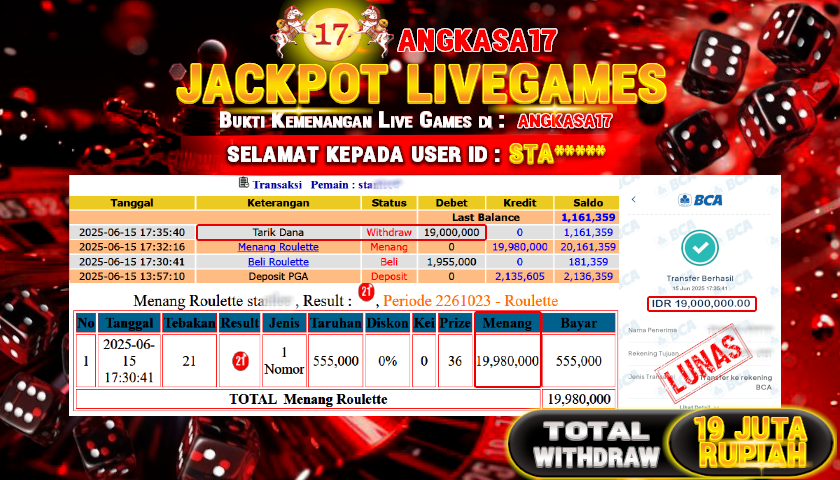 ANGKASA17 id : STA*** JACKPOT LIVE GAMES ROULETTE Rp. 19.000.000 ,- LUNAS