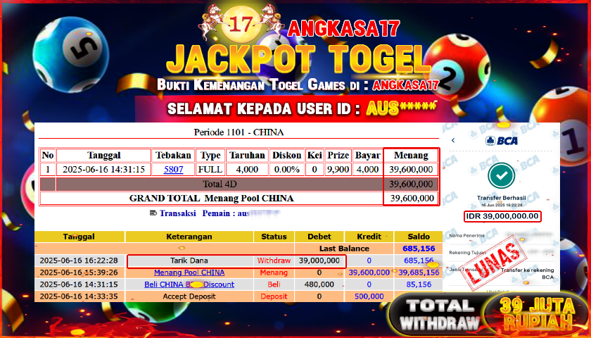 ANGKASA17 id : AUS*** JACKPOT TOGEL 4D DI CHINA POOLS Rp. 39.000.000 ,- LUNAS