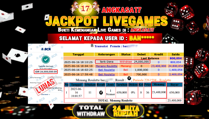 ANGKASA17 id : BAN*** JACKPOT ROULETTE  POOLS Rp. 24.000.000 ,- LUNAS