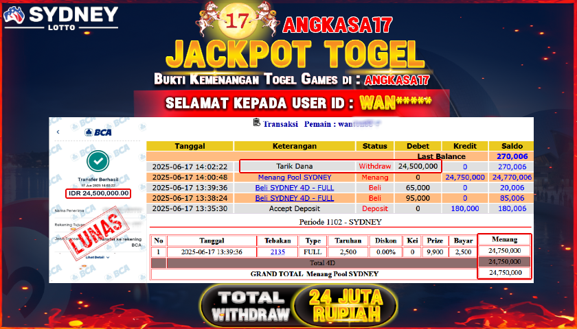 ANGKASA17 id : WAN*** JACKPOT TOGEL SYNDEY LOTTO Rp. 24.500.000 ,- LUNAS