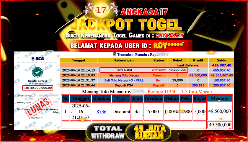 ANGKASA17 id : ROY*** JACKPOT TOGEL TOTOMACAU Rp. 49.000.000 ,- LUNAS