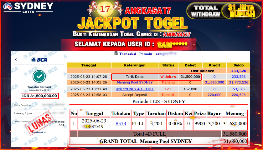 ANGKASA17 id : SAM****** MENANG JACKPOT TOGEL 4D FULL DI SYDNEY LOTTO  TOTAL WITHDRAW Rp.31.000.000 ,- LUNAS