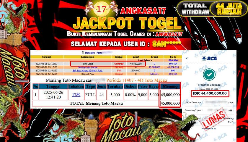 ANGKASA17 id : SAN****** MENANG JACKPOT TOGEL TOTOMACAU TOTAL WITHDRAW Rp.44.400.000 ,- LUNAS