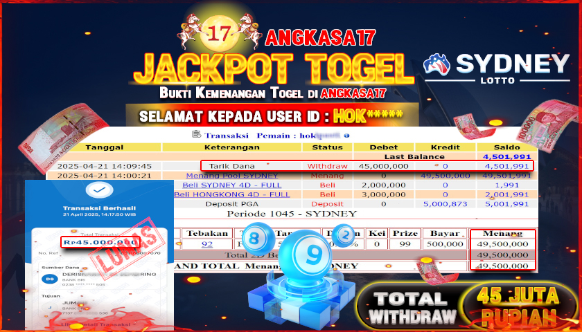 ANGKASA17 id : HOK*** JACKPOT TOGEL SYDNEY LOTTO Rp. 45.000.000 ,- LUNAS