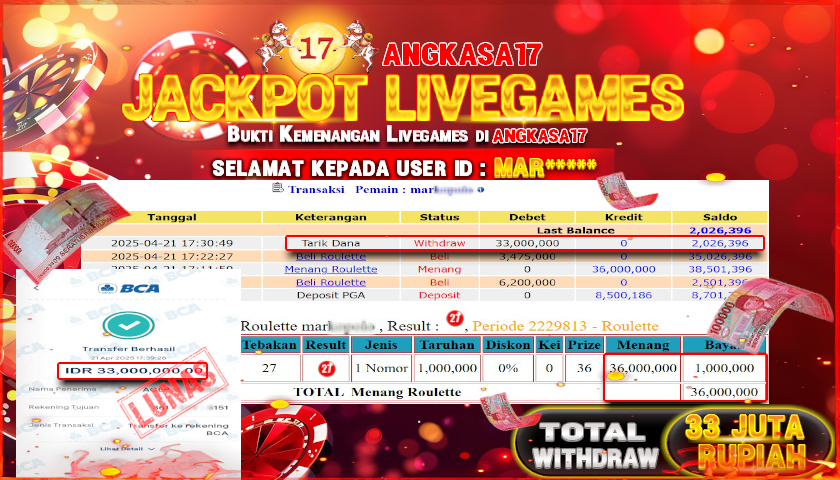 ANGKASA17 id : MAR*** JACKPOT ROULLETE CASINO Rp. 33.000.000 ,- LUNAS