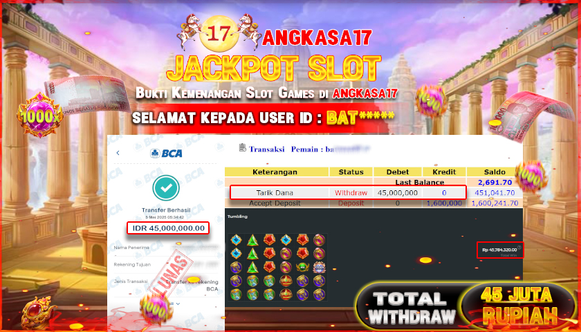 ANGKASA17 id : BAT*** JACKPOT GATES OF OLYMPUS 1000 Rp. 45.000.000 ,- LUNAS