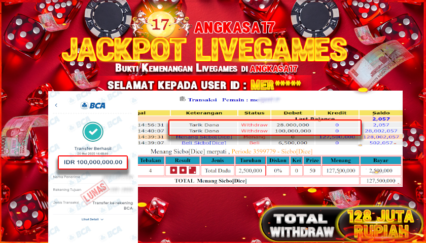 ANGKASA17 id : MER*** JACKPOT LIVE GAME SICBO TOTAL WITHDRAW Rp. 128.000.000 ,- LUNAS