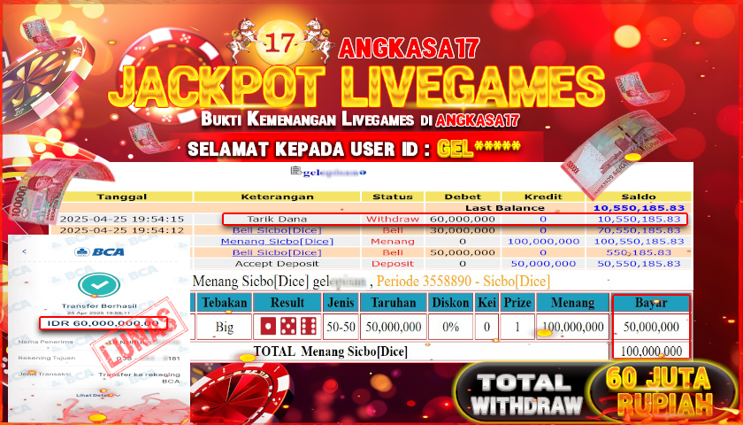 ANGKASA17 id : GEL*** JACKPOT PERMAINAN SIC BO DICE CASINO Rp. 60.000.000 ,- LUNAS