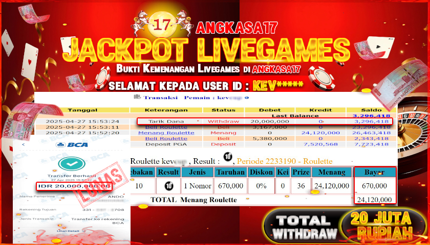 ANGKASA17 id : KEV*** JACKPOT ROULLETE LIVEGAMES Rp. 20.000.000 ,- LUNAS