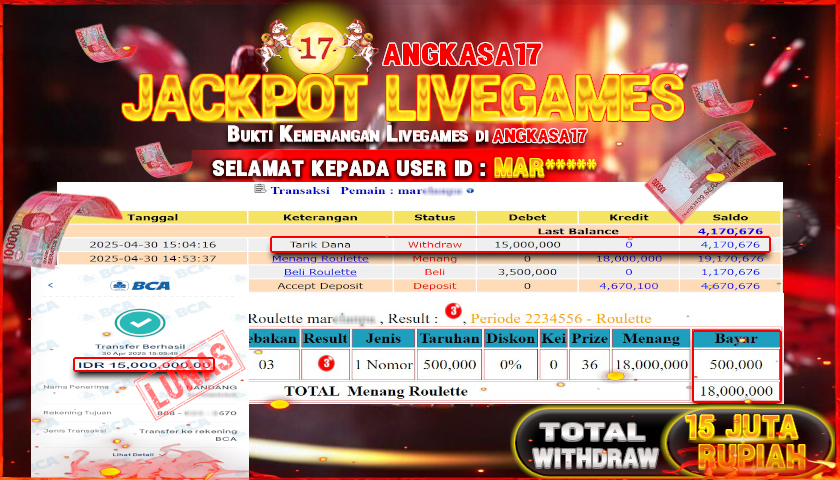 ANGKASA17 id : MAR*** JACKPOT ROULETTE LIVEGAMES Rp. 15.000.000 ,- LUNAS
