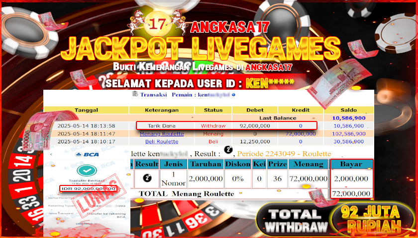 ANGKASA17 id : KEN*** JACKPOT LIVEGAMES ROULETTE CASINO Rp. 92.000.000 ,- LUNAS