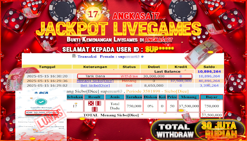 ANGKASA17 id : SUP*** JACKPOT LIVEGAMES SIC-BO DICE CASINO Rp. 30.000.000 ,- LUNAS