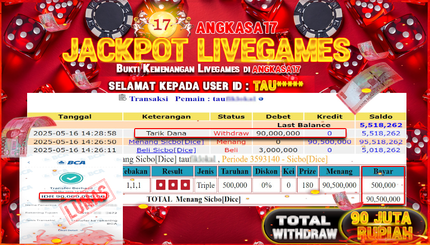 ANGKASA17 id : TAU*** JACKPOT LIVEGAMES SIC-BO CASINO Rp. 90.000.000 ,- LUNAS