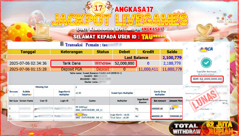 ANGKASA17 id : TAU*** JACKPOT LIVEGAMES Sweet Bonanza CandyLand GAMES  Rp. 52.000.000 ,- LUNAS